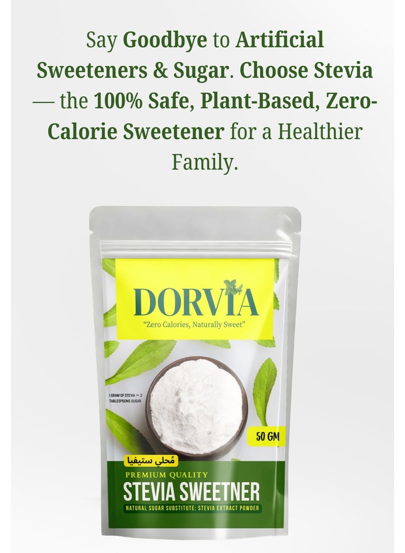 DORVIA Stevia Sweetener Powder (50g) | 100% Plant-Based Natural Sugar Substitute | Sweetness Equal to 2kg Sugar | Zero Calorie, Keto & Diabetic Friendly | No Aspartame, Acesulfame, Sucralose, or Erythritol | Healthy Low-Glycemic Sweetener - Image 2